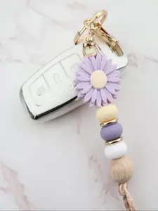 Cute Flower Design Silicone Beaded Keychain, Floral Pattern Keychain, Fashionable Keychain for Car & Wallet Decoration, Trendy All-match Keychain for Birthday Gift