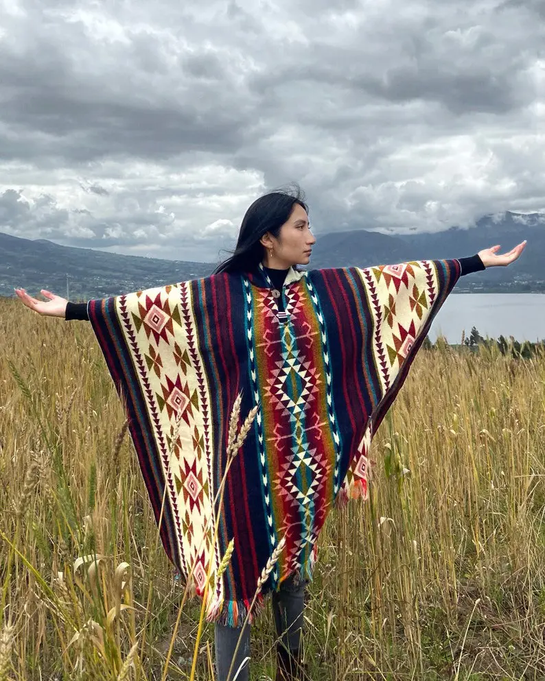 Alpaca Wool Poncho (Blue & Red). Unisex. Exclusive Design! Crafted by Indigenous Hands. One size, a Hooded poncho