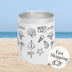 Beach doodle wine tumbler, summer drinkware, coastal vives gift for her, travel mug for beach lovers, vacation essential, sardine fisherman