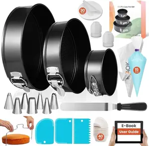 100PCs Cake Pan Sets for Baking + Cake Decorating Kit: 3 Non-Stick Springform Pans Set (4, 7, 9 inches), Piping Tips, Cake Leveler – Multi-functional Leak-Proof CheeseCake Pan & eBook