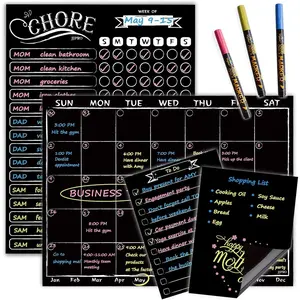 Magnetic Monthly Chalkboard Calendar Reward Chore Chart Blackboard Set with Neon Bright Liquid Chalk Markers Bonus Grocery List Notepad Blackboard for Refrigerator Included
