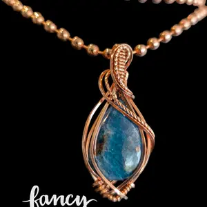 Wire Wrapped  Blue Apatite and Copper Pendant