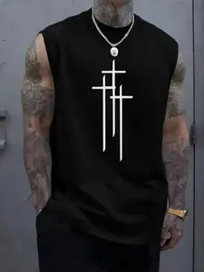 Men's cross-print crew neck vest, street style casual crew neck sleeveless top, suitable for everyday outdoor wear, summer menswear.