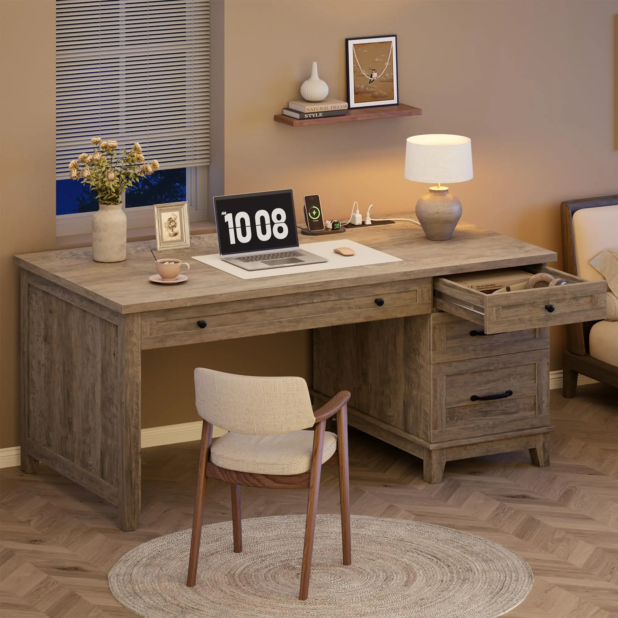 Garvee Wooden Executive and Home Office Desks with Built-in Charging Stations, Power Outlets, Storage Drawers, and File Cabinets in Gray, White, Brown, and Black Finishes, Perfect for Study and Workspaces