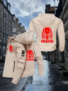 Men's Predator Logo Hooded Zipper Windproof Jacket, Long Sleeve, Slim Fit, Outdoor Sports, Spring Fall