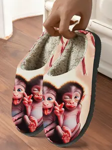 Funny Monkey Pattern Indoor Cotton Slippers for Adults, Comfortable Soft Warm Non-Slip Rubber Sole, Fall & Winter Textile Shoes