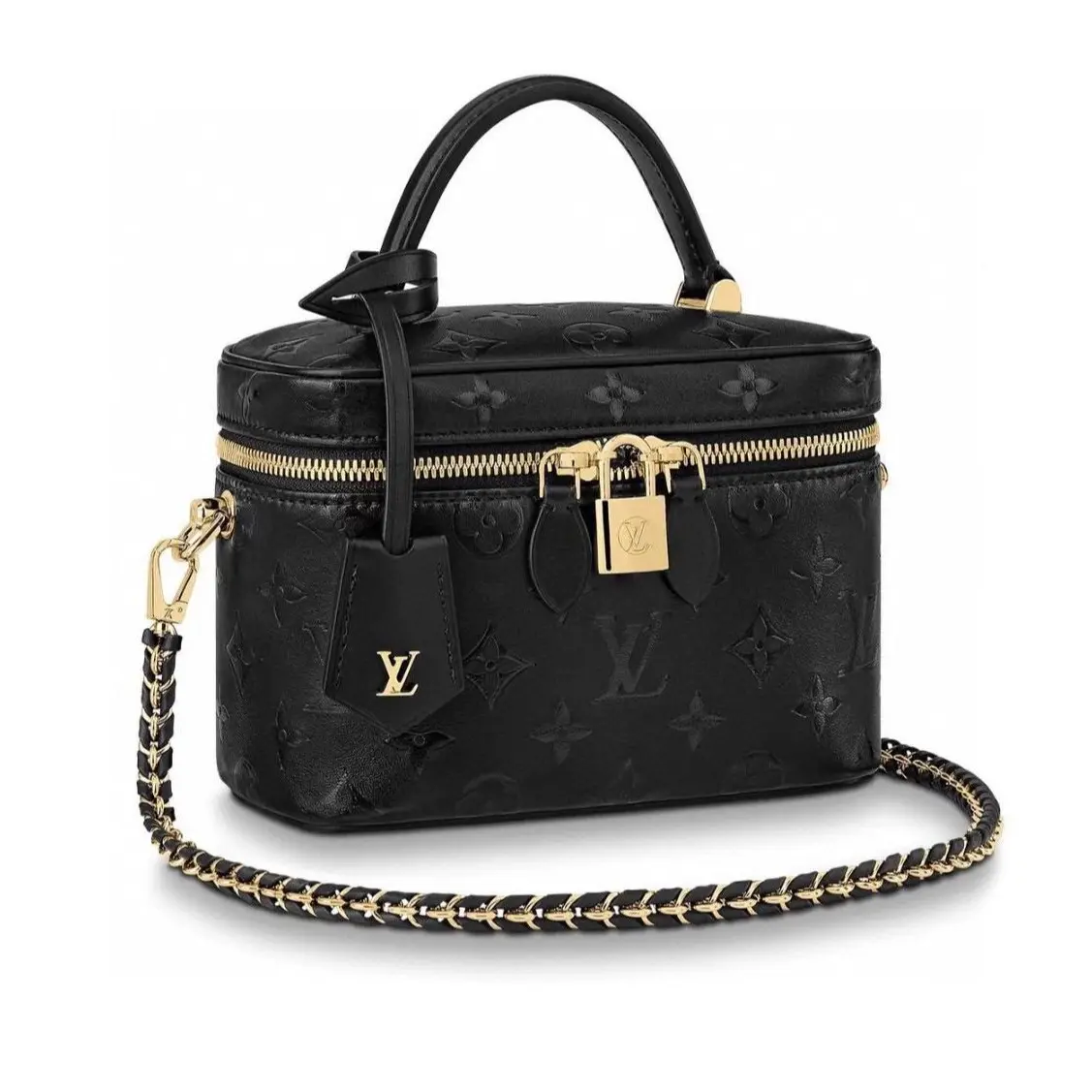 Pre-owned Louis Vuitton Vanity Cosmetic Bag Black Gold Full Leather, Allover Embossed Logo, 2601209