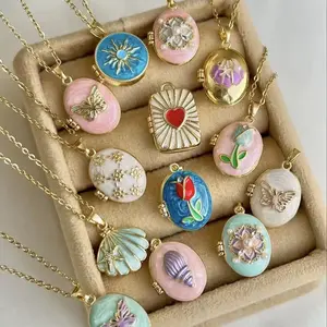 Vintage Baroque Pink White Pearl Opening Photo Locket Necklace Women Flower Oval Enamel Pendant French Rococo Keepsake Jewelry
