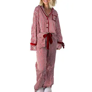 Women Striped 2 Piece Pajama Set Long Sleeve Button Down Shirt Xmas Pants Pj Sets Christmas Holiday Sleepwear