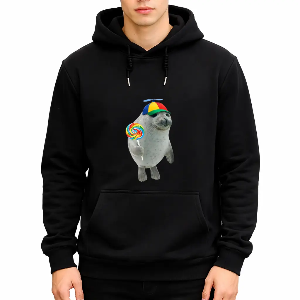 Men's Oversized Long-Sleeve Cotton Hoodie Sweatshirt - Relaxed Fit, Breathable Fabric, Silly Seal & Lollipop Meme Prints, Vintage Y2K Stylish Classic Apparel, Ideal for Summer Wear
