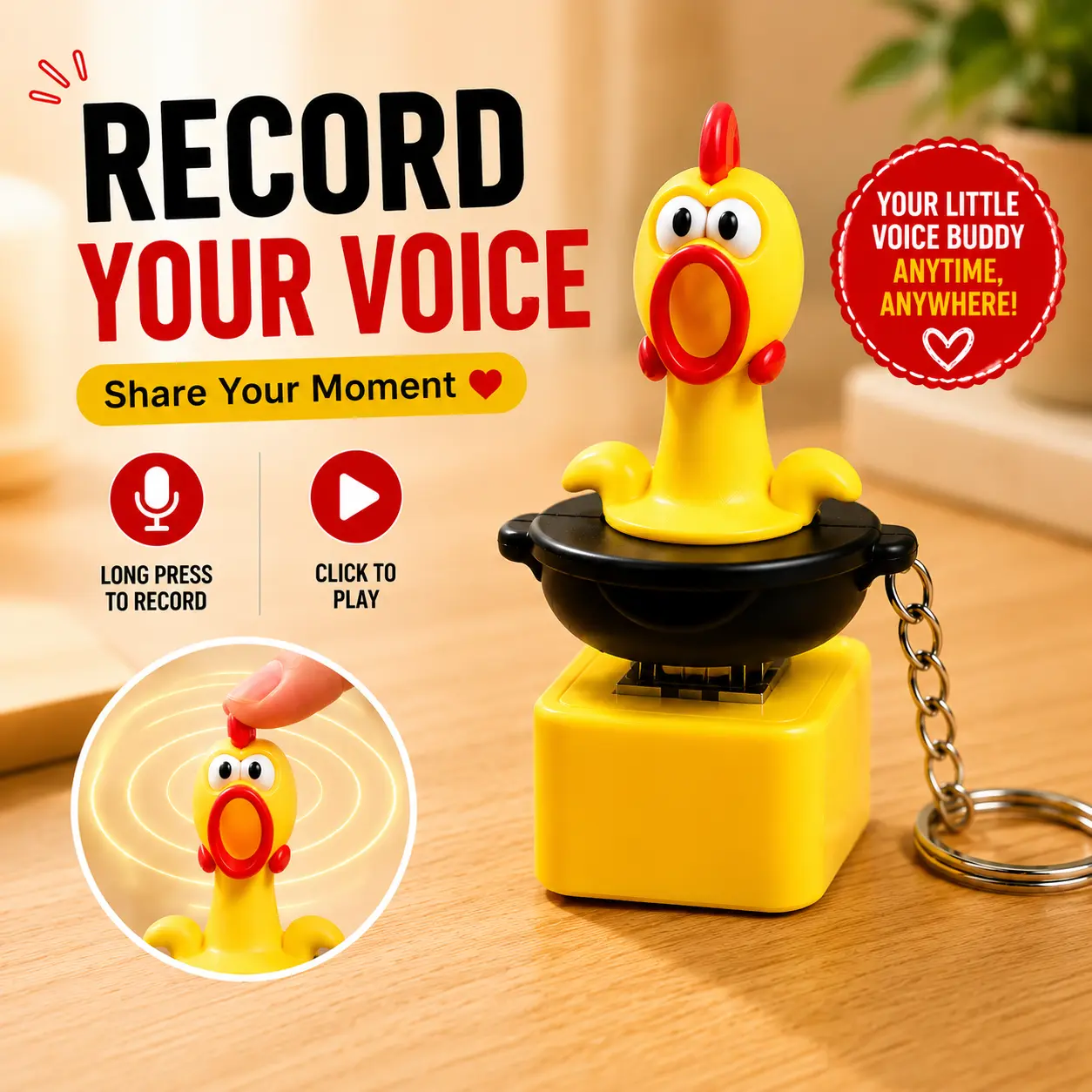 Funny Recordable Screaming Chicken Keychain, Long Press to Record & One-Click Playback, Personalized Voice Message Toy, Mini Talking Chicken, Prank Gift, Gag Gift, Novelty Gift for Friends, Couples, Birthday, White Elephant, Christmas Stocking Stuffer