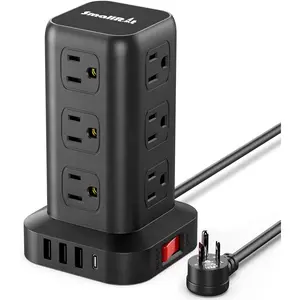Extension Cord with Multiple Outlets,  Surge Protector Power Strip Tower, Outlet Extender with 12 AC Outlets 4 USB, 6.5FT Extension Cord for  Dorm Room, Office Supplies,Overload Protection