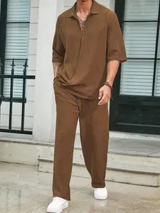 Men's 2-Piece Casual Clothing Set - Stretchy Shortsleeve Top, Plain Trouser