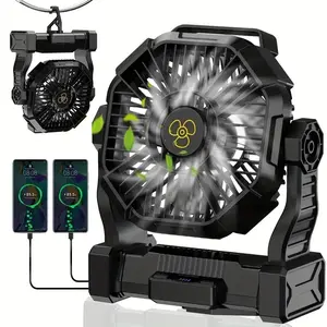 (Black) Charging + Lighting + Fan 3-in-1 LED Lantern Portable Camping Fan, Caravan Fan with Timer Rotation Function, Fan for Barbecue or Travel