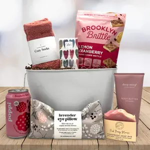 Breast Cancer Gift Basket with Scented Care and Comforting Essentials in Reusable Medium Tin Tub Snack Multipack