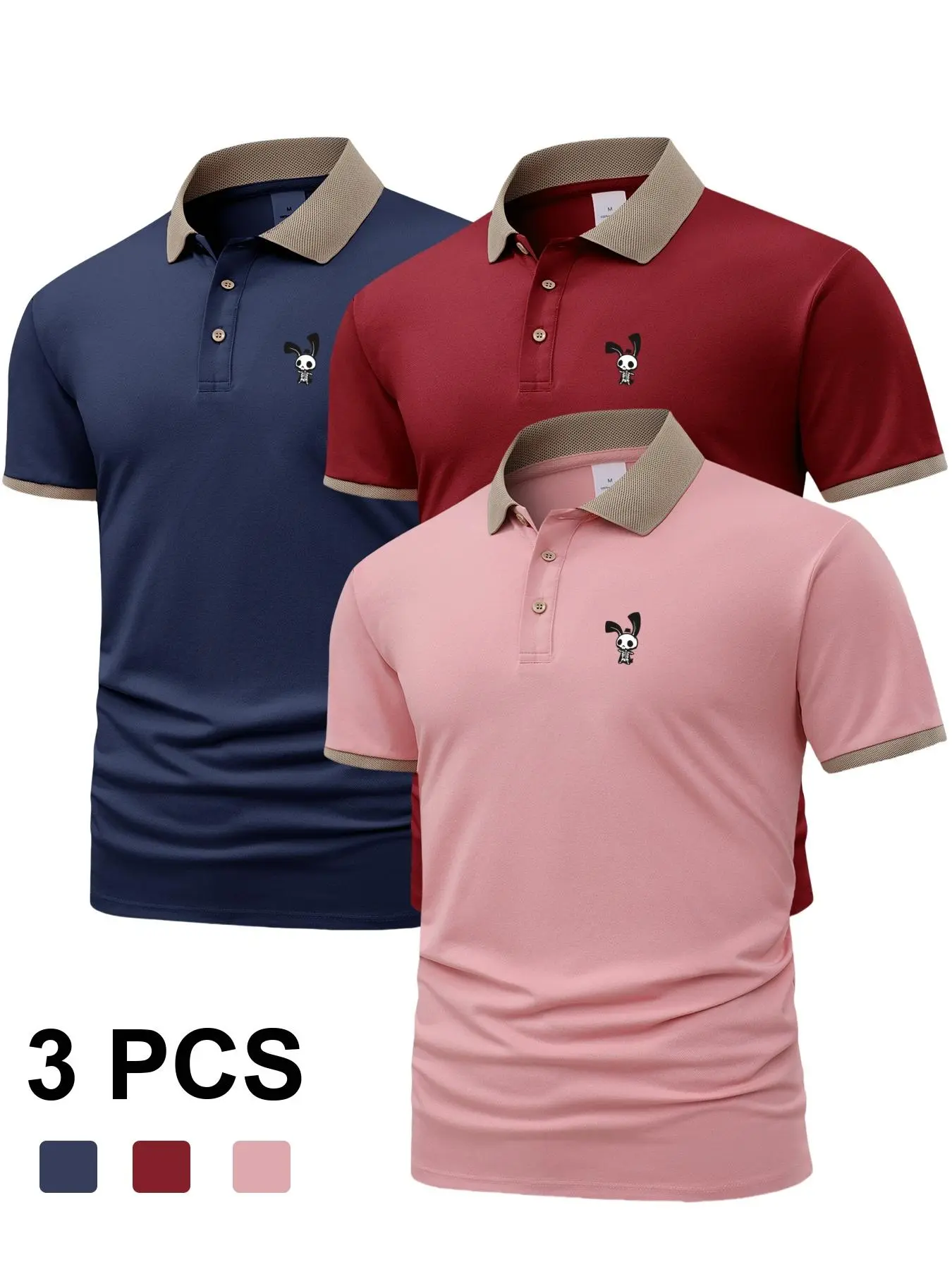 Men's Rabbit Print Polo Shirt, Regular Fit Casual Short Sleeve Collared Top for Summer, Fashion Men's Clothes for Daily Wear, Tropical