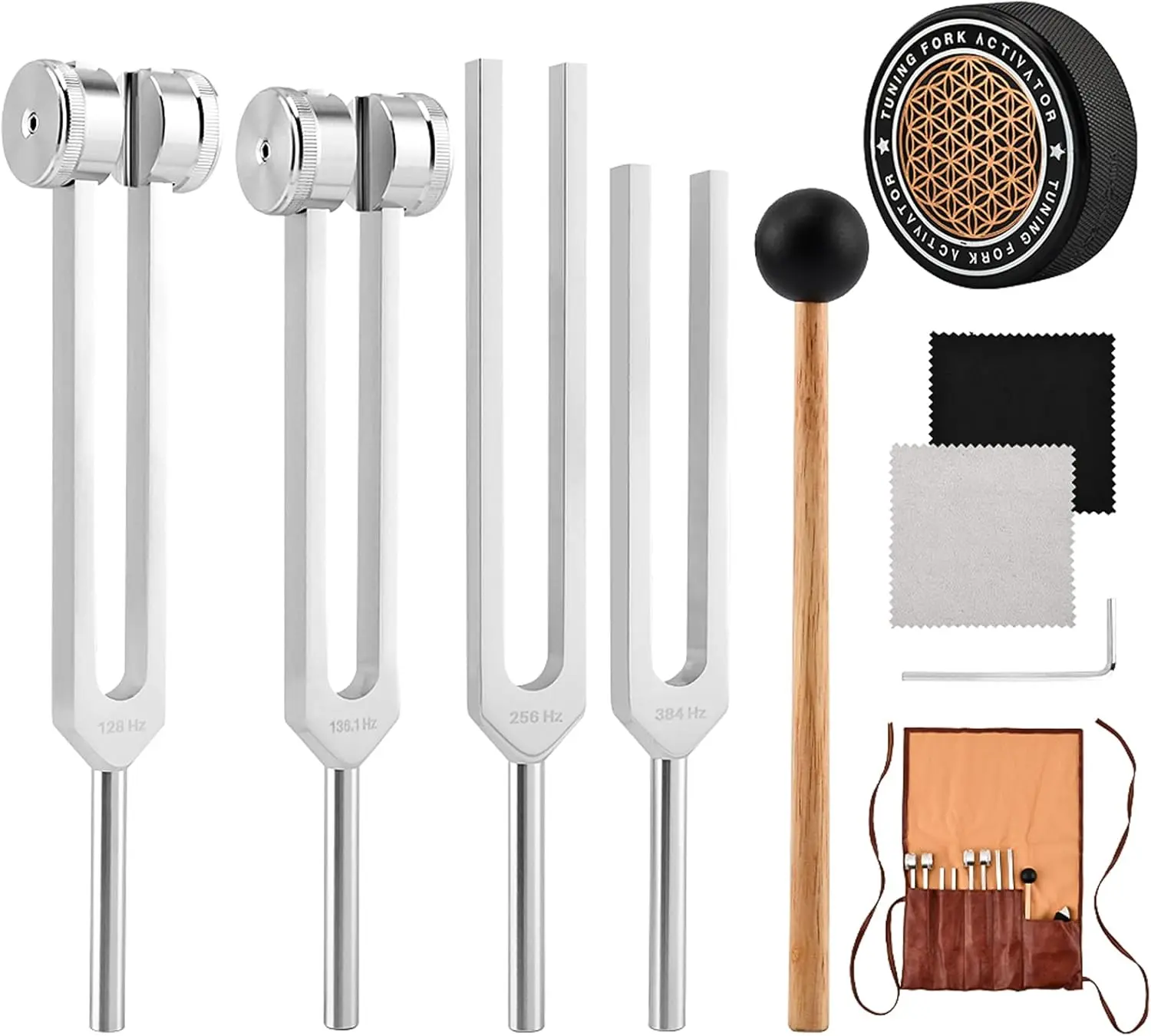 128Hz, 136.1Hz, 256Hz, 384Hz Tuning Fork Set with Reflective Hammer, Weighted and Unweighted Aluminum Forks, Meditation Storage Bag, Modern Home