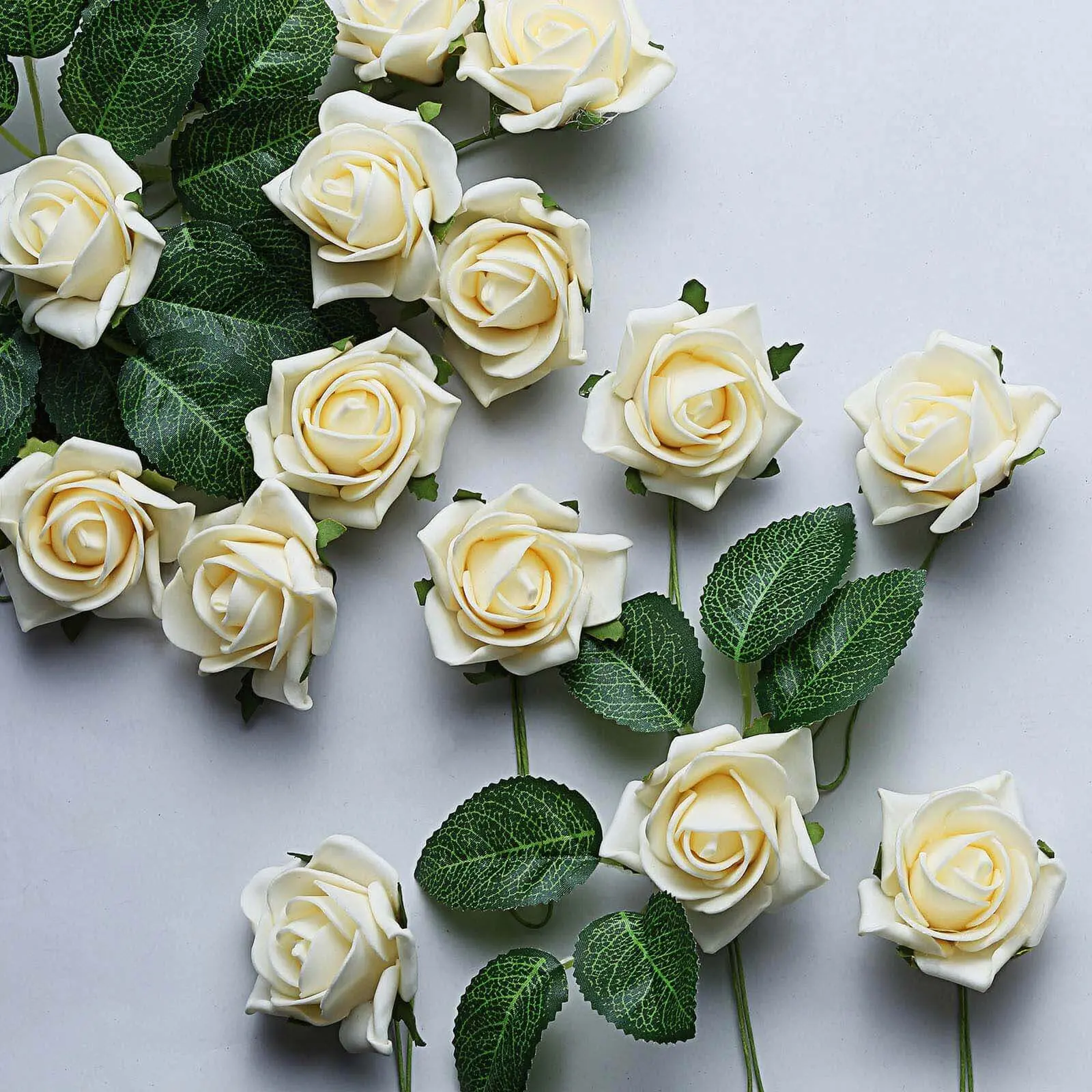 24 2" Cream Artificial Foam Roses with Stem Wire and Leaves, Decorative Flowers for Home Decor Supplies