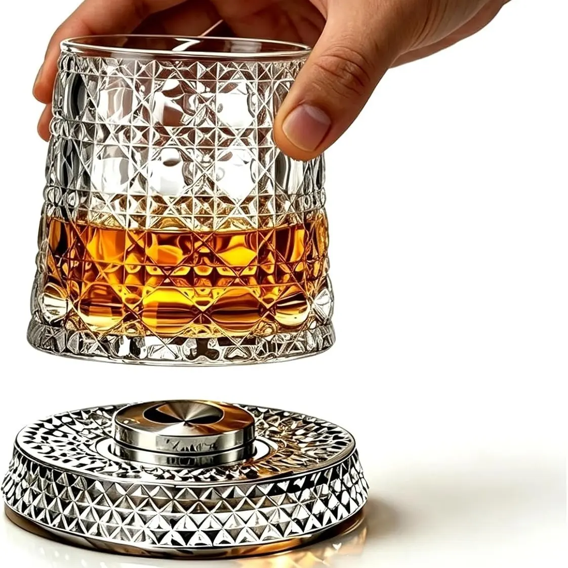 Luxury 360° Rotating Whiskey Glass，Rotating Glass Cup Spinning Glass Cup，Star-Cut Glass Cup for Bourbon, Scotch, Cocktails & Wine,, Elegant European Barware Gift， Unique Home Bar Gift.