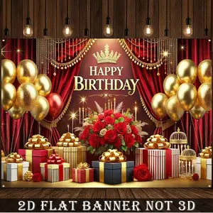 2D Flat, 1pc Luxury Golden & Burgundy Birthday Backdrop with Balloons, Gifts & Red Curtain Design - Large Happy Birthday Letters on Golden Frame - Heavy-Duty for Party Wall Decor, Photo Background for s & (Golden Balloon Numbers