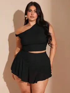 YULENA Plus Size Olive Green Asymmetrical Ruched Top With Ruffled Bodycon Skirt 2 Piece Vacation Set