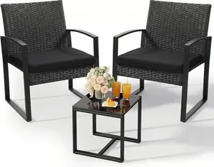 Murago 3-Piece Patio Bistro Set - Outdoor Rattan Conversation Chair Set with Glass Coffee Table & Cushions - Perfect for Balcony, Porch, Garden, Poolside, Black/Black
