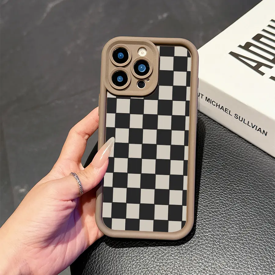 Black and white checkerboard pattern protection TPU following from camera, aesthetic style, compatible Phone16/16 17 ProMax ProMax / / 14 ProMax / 15 plus / 13 pro