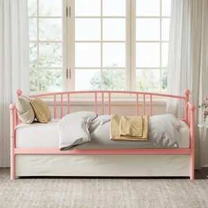 Garvee and Garvee Twin Size Metal Daybeds with Steel Slat Support, Arched Headboards, Pullout Trundles with Casters, Multiple Colors Including Pink, Purple, Black, and White, Ideal for Bedroom, Guest Room, Living Room