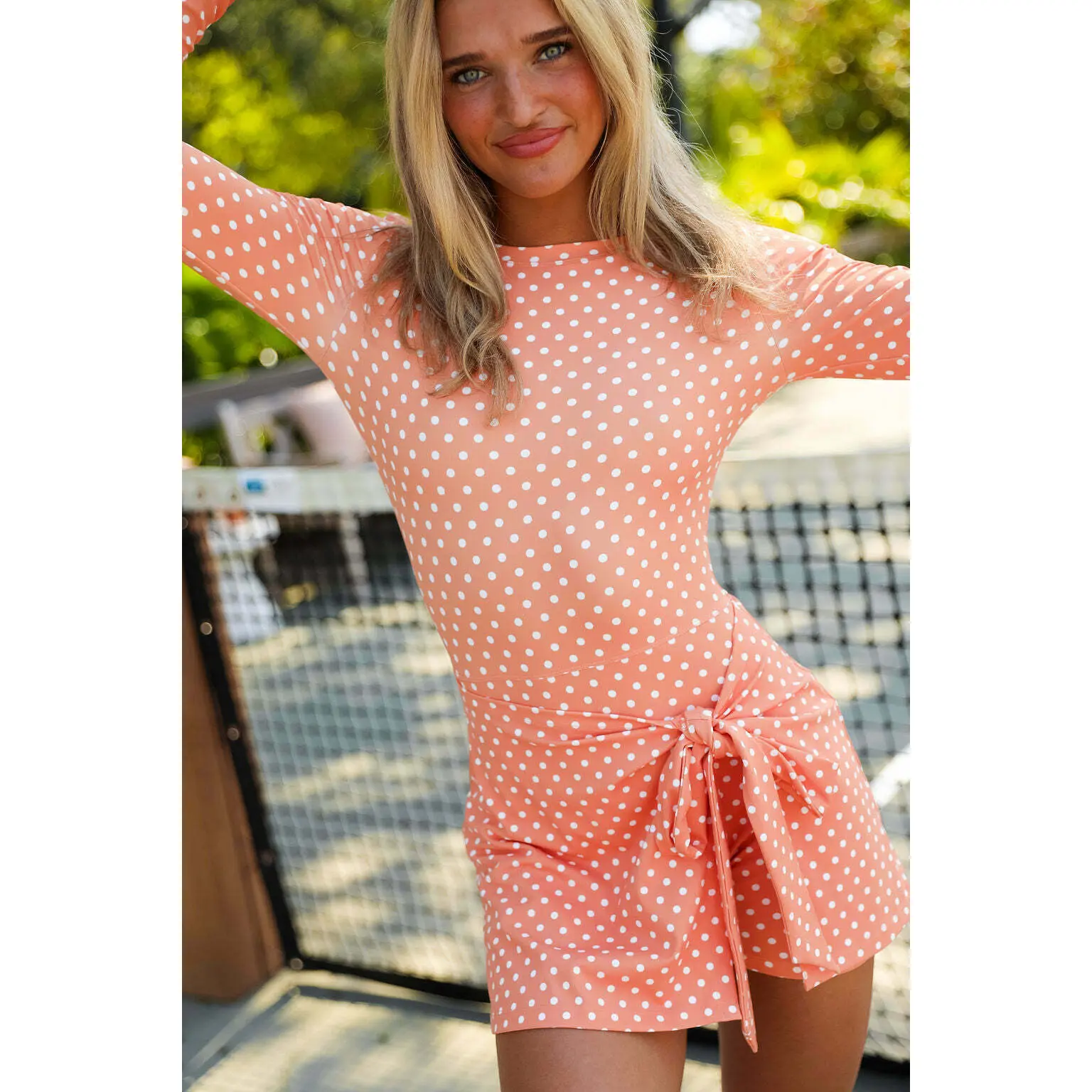 Cocolillys Serena Athletic Dress Orange Sherbet Dot Fitted Super Soft Long  Sleeve Scoop Back Sarong Detail Zipper Back Pocket Four Way Stretch  Breathable Built-In Shorts - TikTok Shop