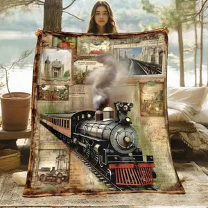 1pc Vintage Train Collage HD Printed Flannel Blanket - Soft & Warm Locomotive & Railway Design with Steam Locomotives, Vintage Train Stations & Maps - All-Season Cozy Throw for Bed, Sofa