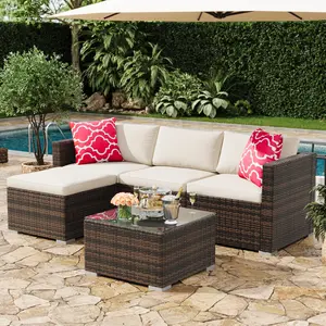 Garvee 5-Piece Outdoor Patio Furniture Sets Featuring Convertible Sectional Sofas, PE Rattan or Wicker Material, Tempered Glass Tables, Cushions, and Steel Frames for Garden, Backyard, Porch, and Poolside Use