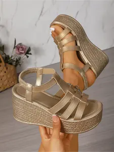 Women's Hollow Out Roman Style Wedge Sandals, Summer Thick Sole Platform Elastic Strap Open Toe High Heels Beach Shoes Casual Wedge Sandal
