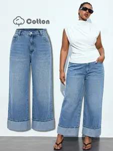 Plus Size Women's Light Wash Cotton Jeans, High Waist Wide Leg Rolled Hem Casual Pants, Comfortable Loose Fit for All Seasons