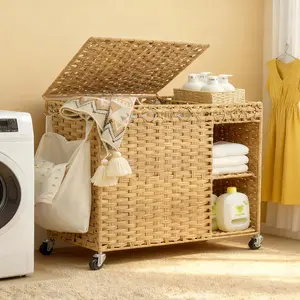 Laundry Hamper with Lid, 160L Rattan Wicker Laundry Basket with Wheels, Handwoven Laundry Hamper 3-Section with shelf(42.3 Gal), Laundry Sorter Basket with Removable Liner, Natural HLH033N