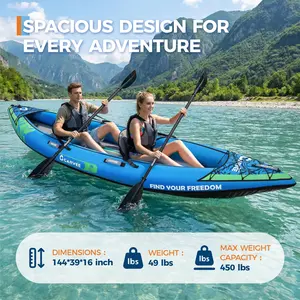 Inflatable 2 Person Kayak 12FT 450LB , Fishing Kayak for Adults with Paddles, Padded Seats, 3 Fins, Hand Pump, Carry Bag ,Portable Touring Kayak for Lakes & Rivers
