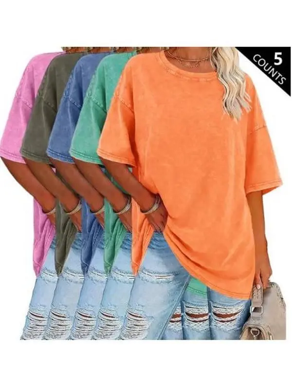 Women’s 5-Pack Round Neck Short Sleeve Casual T-Shirt Tops - 230 g/m² Thick Washed Pure Cotton, Vintage Streetwear Retro Style, High-Quality, New Year Essentials