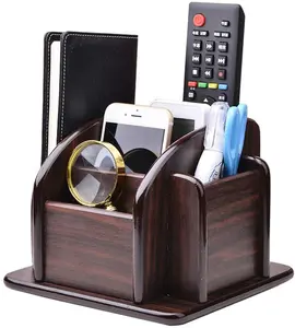 Wooden Remote Control Holder,Tv Remote Holder for Table,360°Rotatable Office Supplies Storage Organizer,6 Compartments Pencil Holder for Desk,Brown