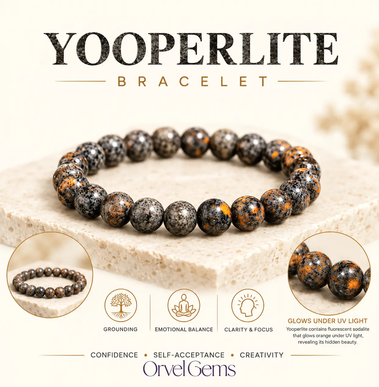Genuine Yooperlite Fluorescent Stone Bracelet – Unique Glow Beaded Bracelet for Women & Men, Natural Gemstone Jewelry, Crystal Lover Gift