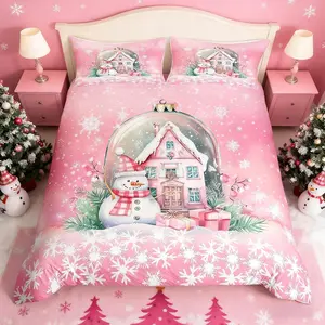 Christmas Duvet Cover Set,Pink Castle and Snowman Print Bedding Set for Kids Girls Teens Bedroom Decor,New Year Snowflake Print Comforter Cover,No Comforter