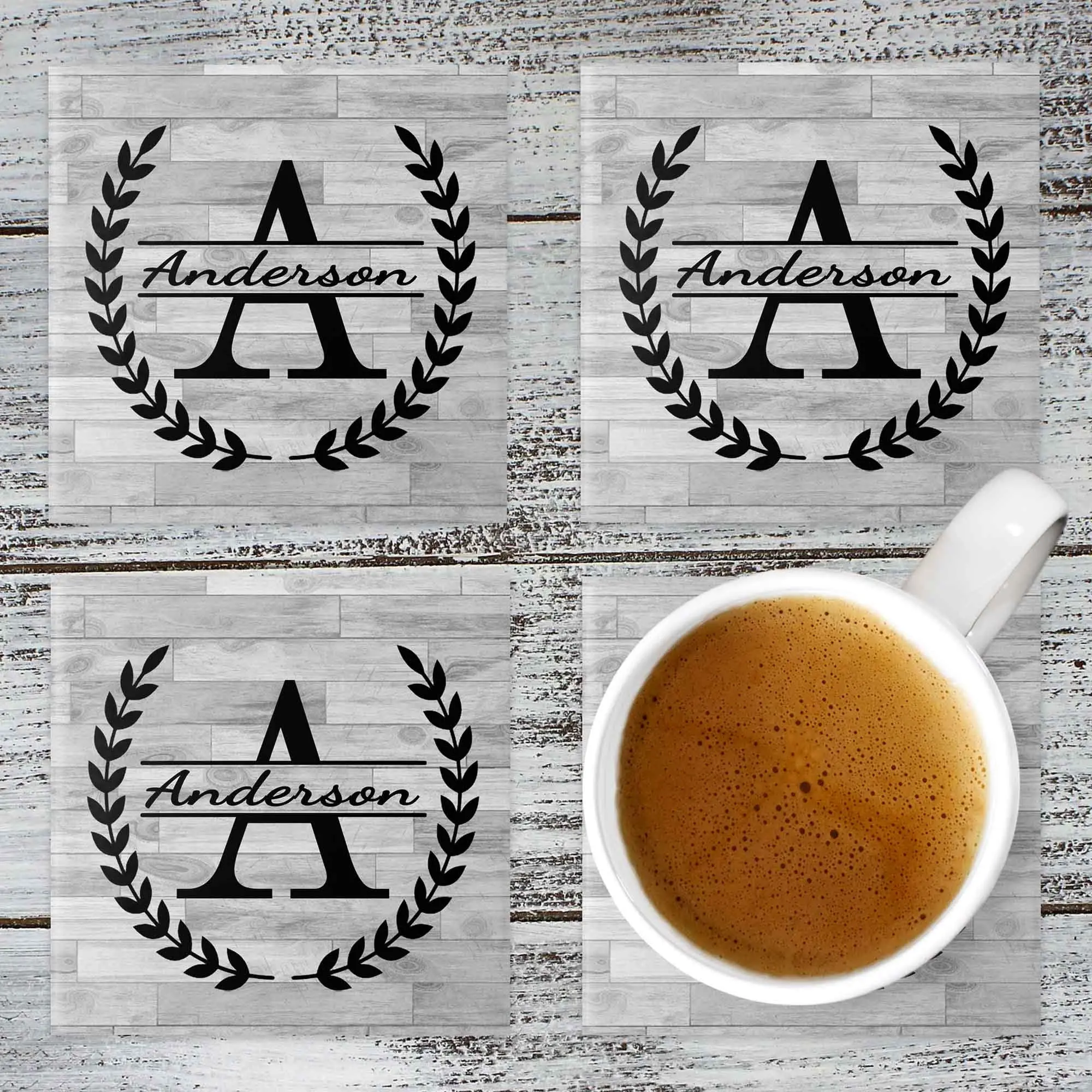 Personalized Coasters | Custom Stone Coaster Set | Laurel Wreath Split Monogram | Set of 4
