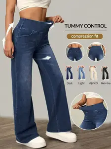 Women's High Waisted Long Elastic Denim Wide Leg Pants, Slim Fit Straight Leg Jeans, Comfortable Stretch Waist, Casual Daily Wear