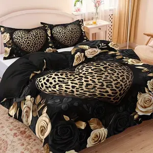 3-Piece Leopard Print Digital Printed Bedding Set (1 Fitted Sheet + 2 Pillowcases), Polyester Fiber Material, No Core, Bed Sheet Sets