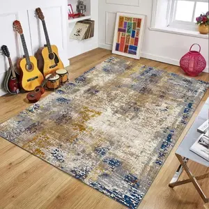 Modern Abstract Distressed Floral Flannel Area Rug - Blue & Mustard Watercolor Print Soft Mat for Living Room & Music Room, Non-Slip Boho Home Decor #ModernAbstractRug #DistressedFloralMat #BohoHomeDecor #BlueMustardCarpet #NonSlipFlannelRug