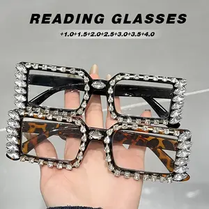 2-piece set of women's reading glasses with rhinestone embellishments - Non-prescription square full-frame, AC lenses with PC frames Simple style computer reading glasses, multiple magnification (1.0-4.0) Reading Eyeglasses High Quality Eyewear