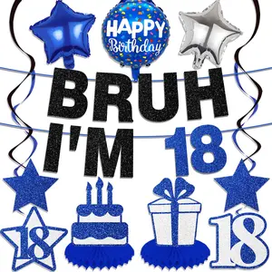 11pcs 18th Birthday Decorations for Men, Blue Silver Color Happy 18th Birthday Banner, Bruh I'm 18 Balloons Centerpieces Party Supplies