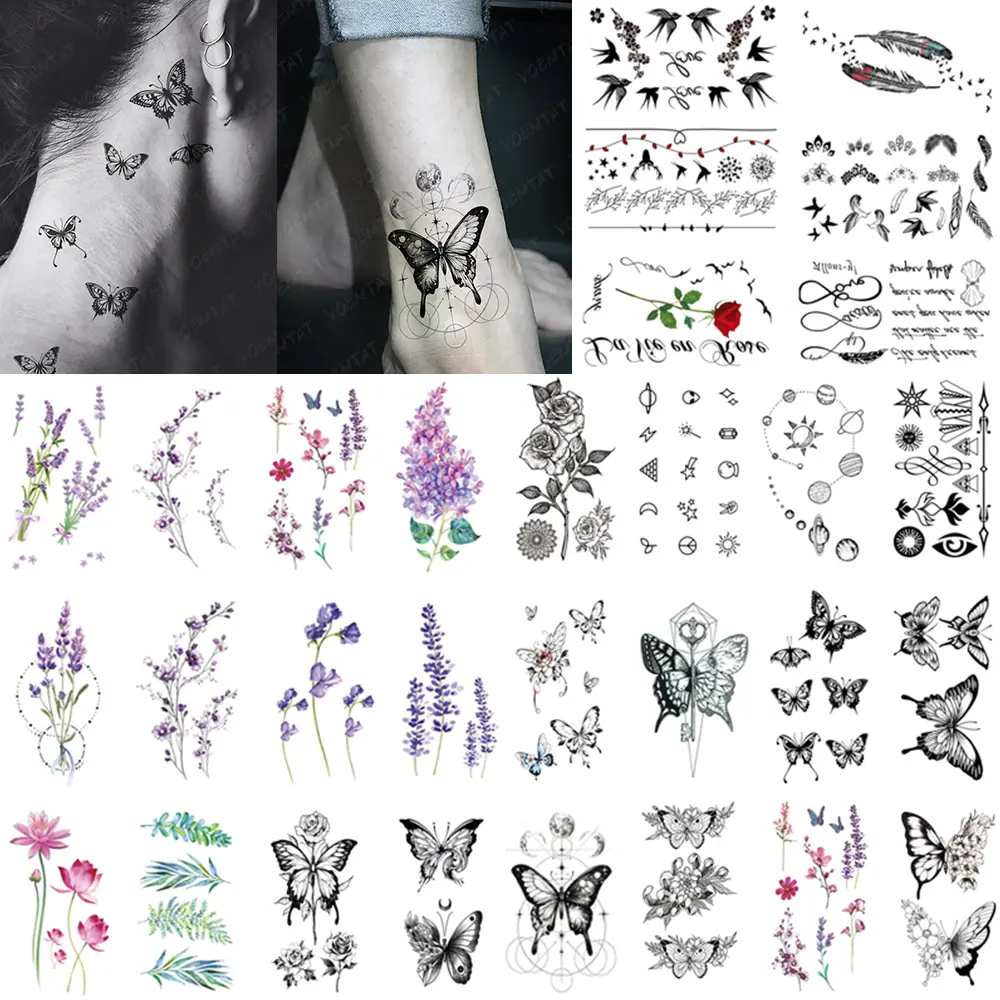 10pcs Color Lavender Small Fresh Waterproof Realistic Tattoos Temporary Tattoo Sticker Line Butterfly Flower Tato Neck Women Men Fake Tattoos Body Fake Tattoos Temporary Tattoos Stickers Temporary Tattoo Kit