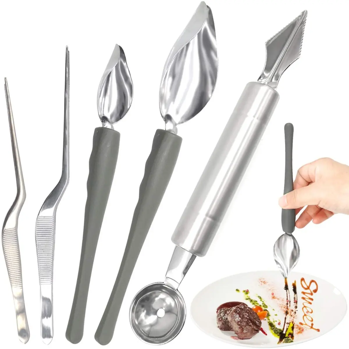 5 Pieces Culinary Drawing Decorating Spoon Set, Drizzle Spoons, Cooking Tweezers and Melon Baller Spoon, Professional Tool for Decorating Plates