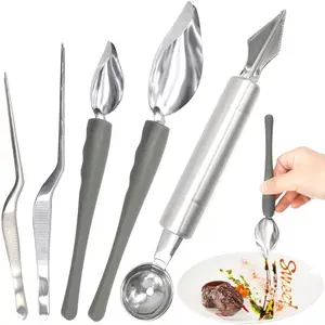 5 Pieces Culinary Drawing Decorating Spoon Set, Drizzle Spoons, Cooking Tweezers and Melon Baller Spoon, Professional Tool for Decorating Plates