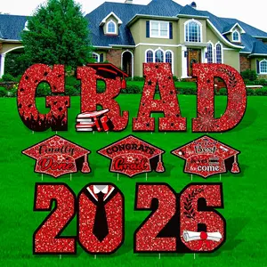 Graduation Yard Sign Decorations Class of 2026 Grad Lawn Signs, 9 count 16.5 Inch Congrats Grad Party Yard Signs with 18 Stakes for Outdoor 2026 Graduation Party Decor(Red)