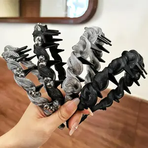 4 Pcs Braided Headbands with Teeth for Women, Handmade Crystal Flower Comb Hairbands, Sparkly Twisted Non-Slip Hard Head Bands, Elegant Silver Black Hair Accessories